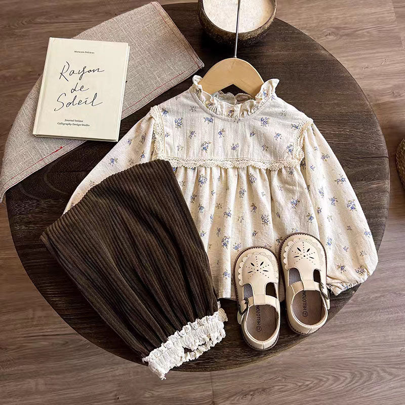 [363918] - One Set 2in1 Baju Setelan Atasan Blouse Renda Lengan Panjang Bawahan Celana Panjang Corduroy Fashion Anak Cewek Perempuan - Motif Floral Small Purple - BABYHOKI STORE