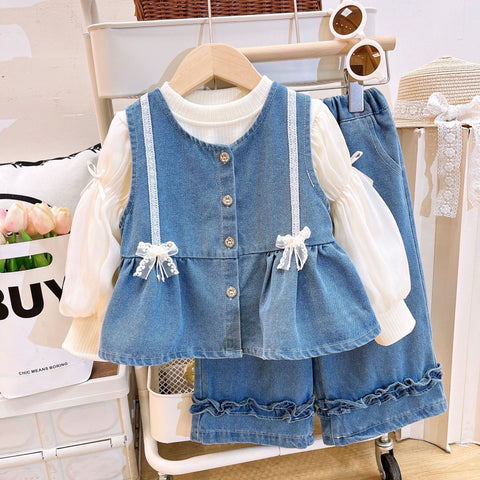 [363919] - One Set 3in1 Baju Setelan Atasan Blouse Lengan Panjang Vest Rompi Kutung Jeans Bawahan Celana Panjang Kulot Fashion Anak Cewek Perempuan - Motif Cute Ribbon - BABYHOKI STORE