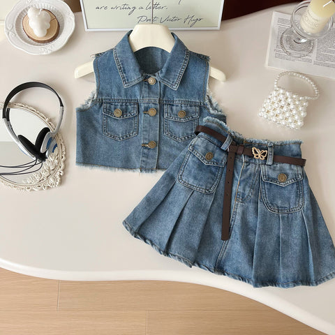 [363921] - One Set 2n1 Baju Setelan Atasan Rompi Denim Lengan Kutung Jeans Bawahan Celana Rok Denim Fashion Anak Cewek Perempuan - Motif Denim Pocket - BABYHOKI STORE
