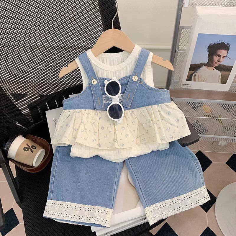 [363923] - One Set 3in1 Baju Setelan Atasan Lengan Kutung Vest Rompi Jeans Bawahan Celana Panjang Kulot Fashion Anak Cewek Perempuan - Motif Little Flower - BABYHOKI STORE