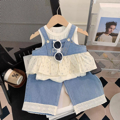 [363923] - One Set 3in1 Baju Setelan Atasan Lengan Kutung Vest Rompi Jeans Bawahan Celana Panjang Kulot Fashion Anak Cewek Perempuan - Motif Little Flower - BABYHOKI STORE