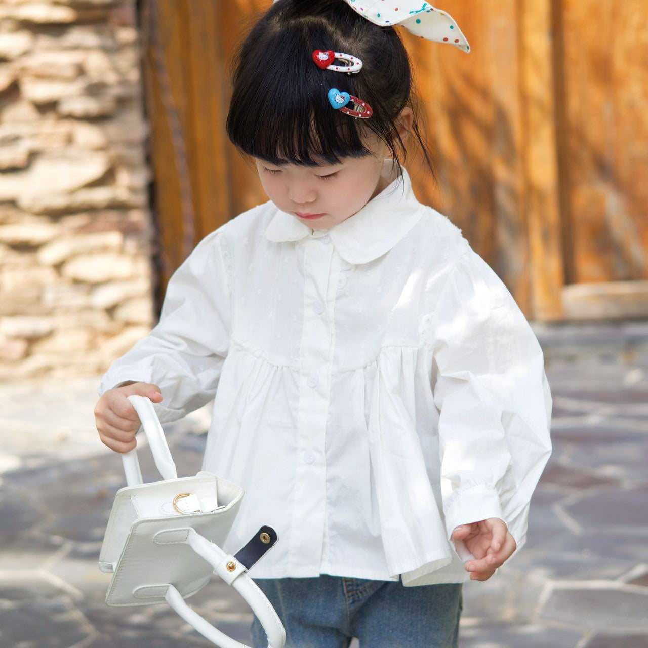 [363924] - One Set 2in1 Baju Setelan Atasan Blouse Lengan Panjang Bawahan Celana Panjang Cutbray Fashion Anak Cewek Perempuan - Motif Basic Colour White Top - BABYHOKI STORE - BABYHOKI STORE