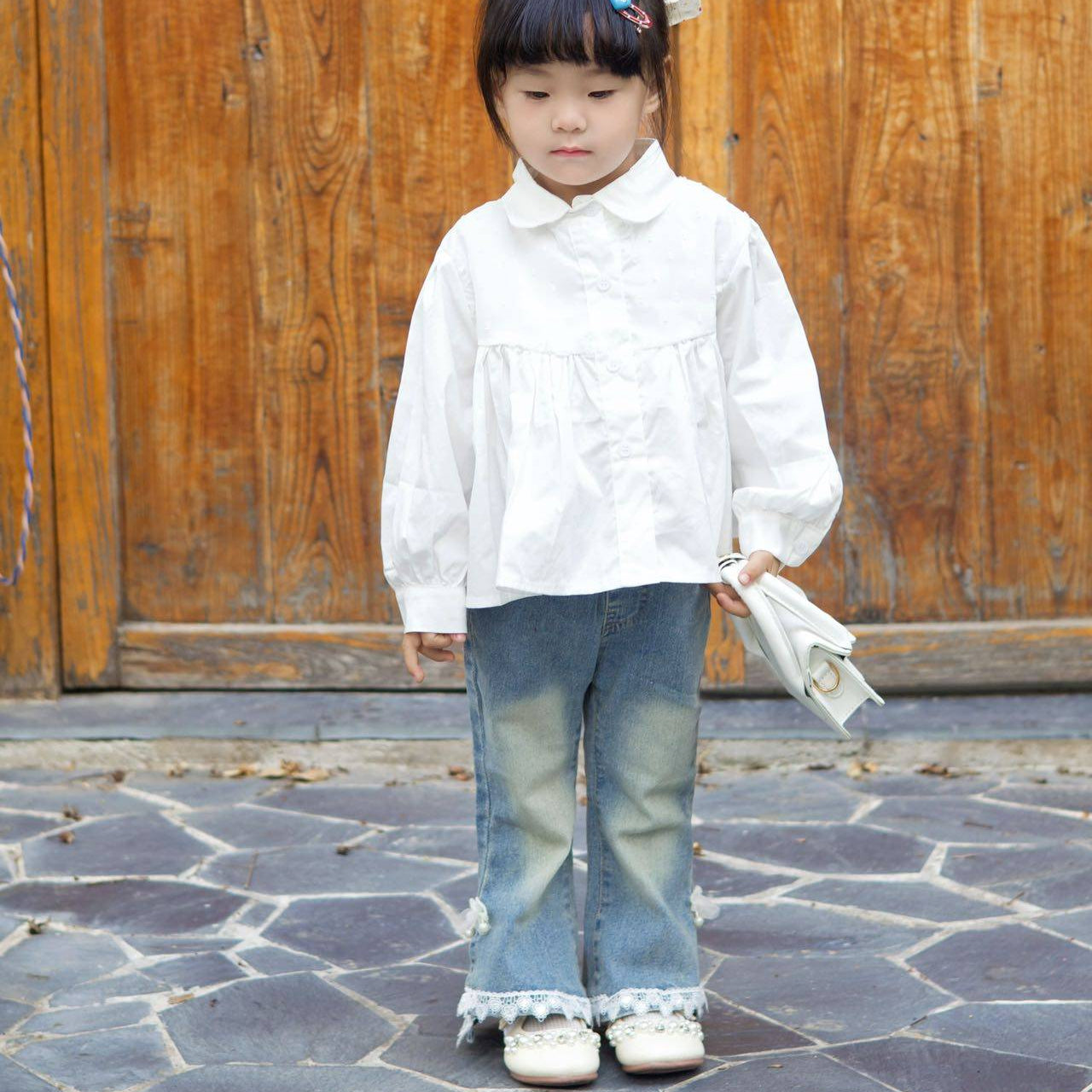 [363924] - One Set 2in1 Baju Setelan Atasan Blouse Lengan Panjang Bawahan Celana Panjang Cutbray Fashion Anak Cewek Perempuan - Motif Basic Colour White Top - BABYHOKI STORE - BABYHOKI STORE