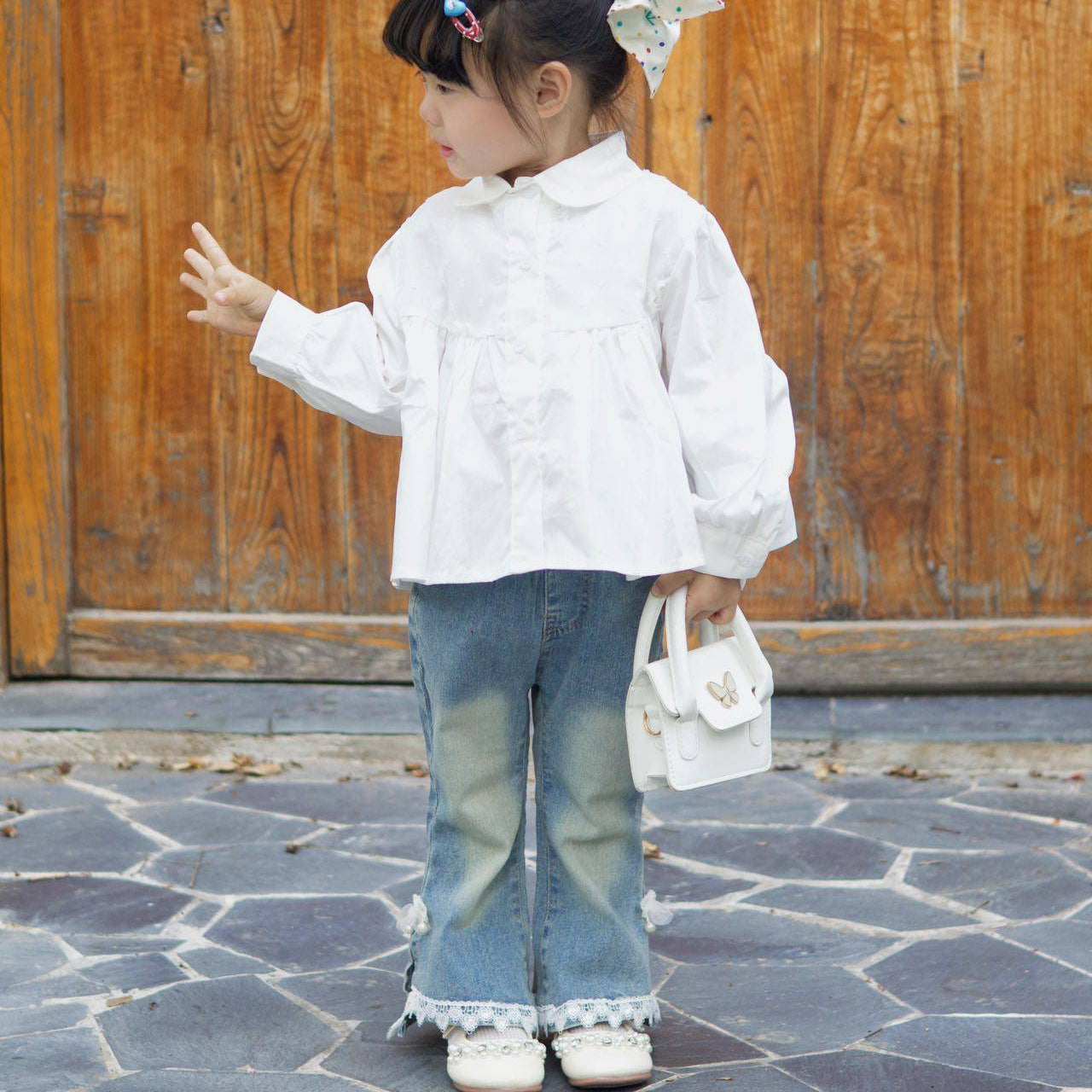 [363924] - One Set 2in1 Baju Setelan Atasan Blouse Lengan Panjang Bawahan Celana Panjang Cutbray Fashion Anak Cewek Perempuan - Motif Basic Colour White Top - BABYHOKI STORE - BABYHOKI STORE