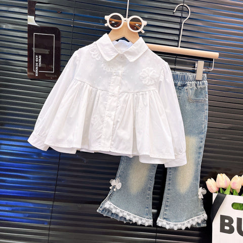 [363924] - One Set 2in1 Baju Setelan Atasan Blouse Lengan Panjang Bawahan Celana Panjang Cutbray Fashion Anak Cewek Perempuan - Motif Basic Colour White Top - BABYHOKI STORE