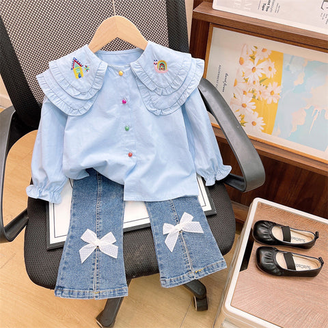 [363925] - One Set 2in1 Baju Setelan Atasan Blouse Lengan Panjang Bawahan Celana Panjang Cutbray Fashion Anak Cewek Perempuan - Motif Top Blue Pictures - BABYHOKI STORE