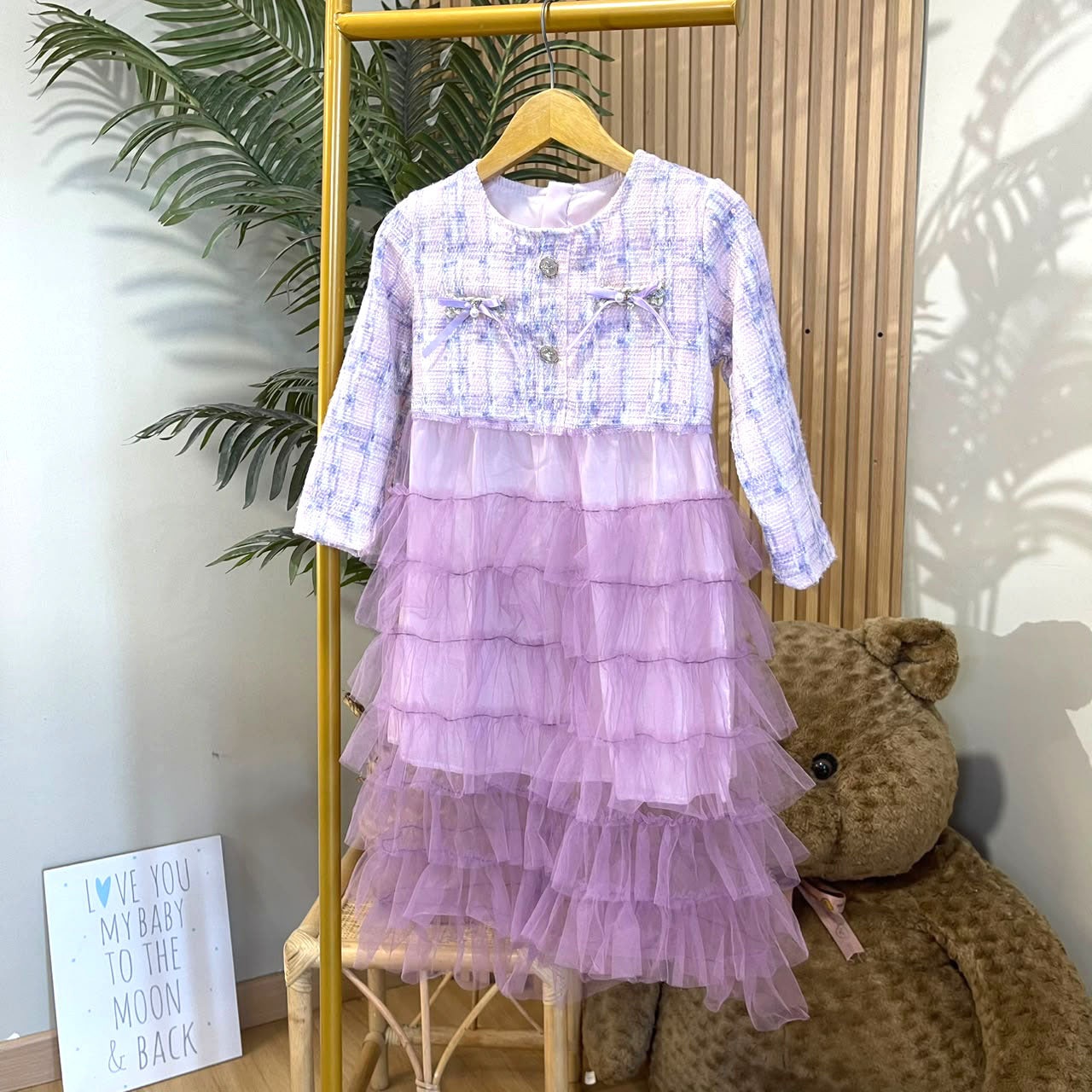 [363927] - Baju Dress Gaun Purple Lengan Panjang Fashion Anak Perempuan Cewek - Motif Pearl Ribbon - BABYHOKI STORE