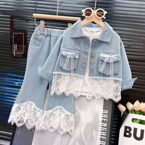 [363928] - One Set 2in1 Baju Setelan Atasan Jaket Jeans Lengan Panjang Bawahan Celana Panjang Cutbray Renda Fashion Anak Cewek Perempuan - Motif Top Bow Cute - BABYHOKI STORE - BABYHOKI STORE