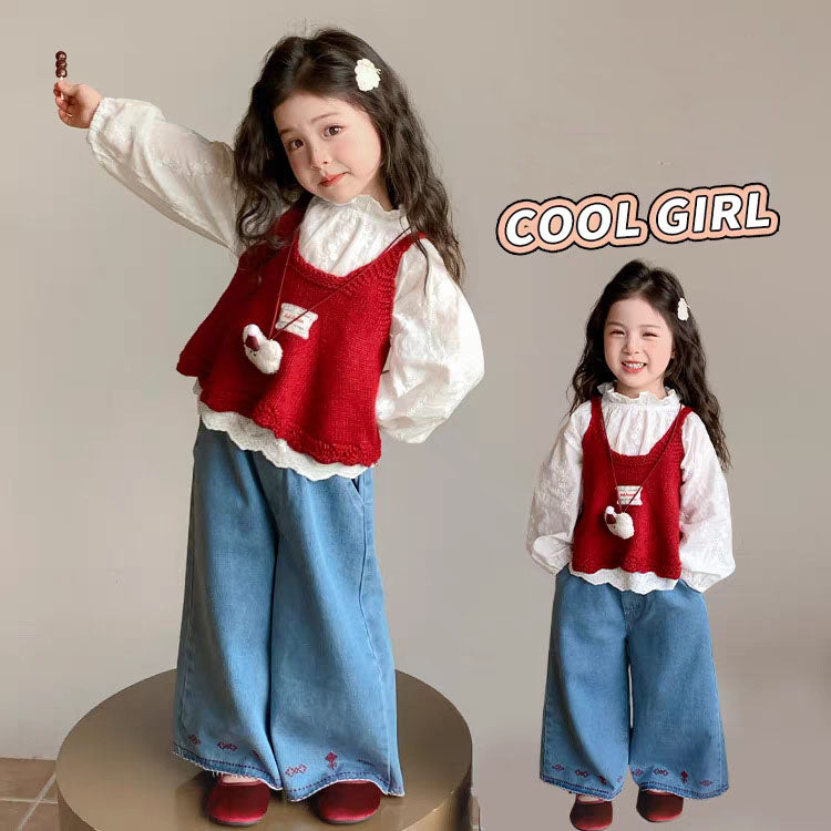 [363930] - One Set 3in1 Baju Setelan Atasan Blouse Lengan Panjang Vest Kutung Bawahan Celana Panjang Kulot Jeans Korean Fashion Anak Cewek Perempuan - Motif Patterned Lace - BABYHOKI STORE
