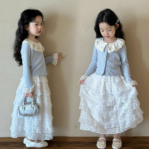 [363933] - One Set 2in1 Baju Setelan Atasan Cardigan Vest Lengan Panjang Bawahan Panjang Rok Renda Korean Fashion Anak Cewek Perempuan - Motif Cute Lace - BABYHOKI STORE