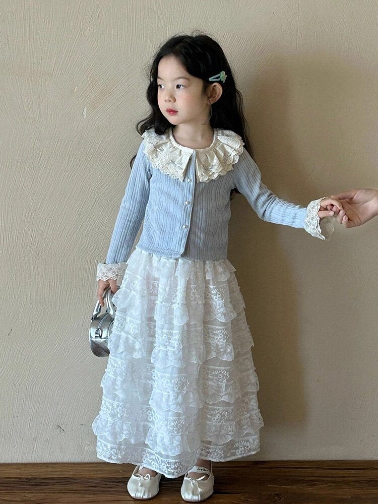[363933] - One Set 2in1 Baju Setelan Atasan Cardigan Vest Lengan Panjang Bawahan Panjang Rok Renda Korean Fashion Anak Cewek Perempuan - Motif Cute Lace - BABYHOKI STORE