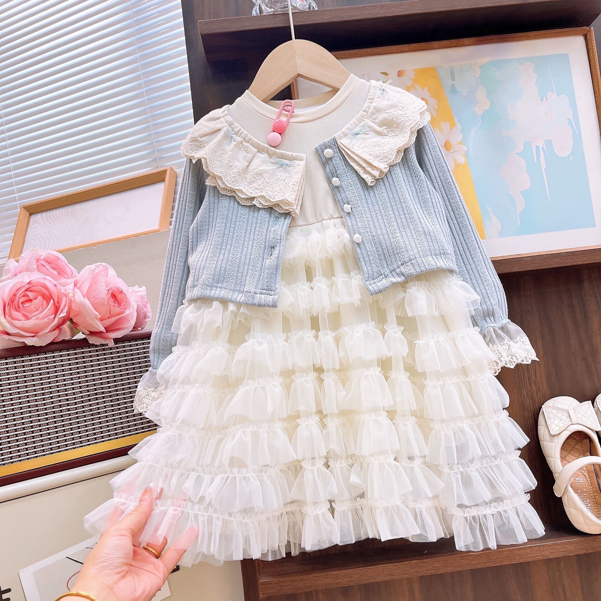 [363934] - One Set 2in1 Baju Setelan Dress Gaun Lengan Panjang Atasan Cardigan Vest Korean Fashion Anak Perempuan Cewek - Motif Cute Lace - BABYHOKI STORE - BABYHOKI STORE