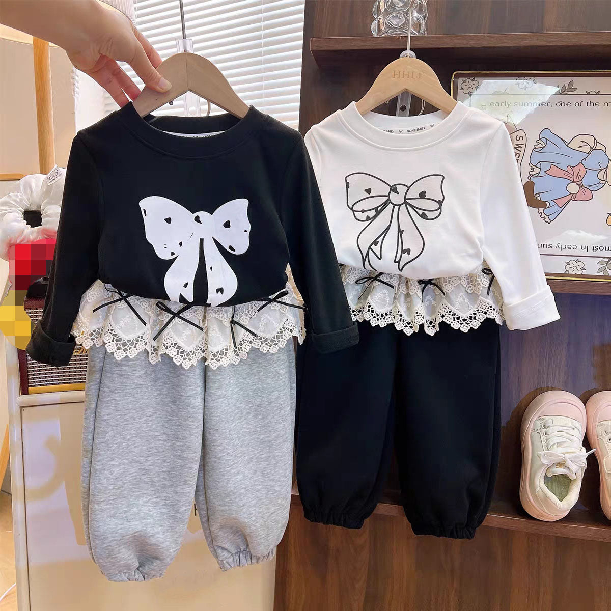 [363936] - One Set 2in1 Baju Setelan Atasan Kaos T-shirt Lengan Panjang Bawahan Celana Panjang Renda Fashion Korean Comfortable Anak Cewek Perempuan - Motif Bow Knot Top - BABYHOKI STORE