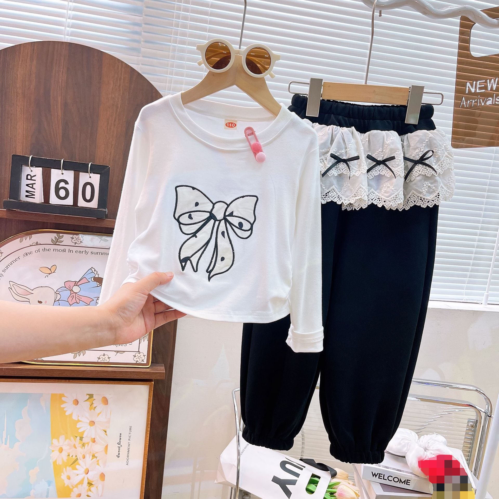 [363936] - One Set 2in1 Baju Setelan Atasan Kaos T-shirt Lengan Panjang Bawahan Celana Panjang Renda Fashion Korean Comfortable Anak Cewek Perempuan - Motif Bow Knot Top - BABYHOKI STORE - BABYHOKI STORE