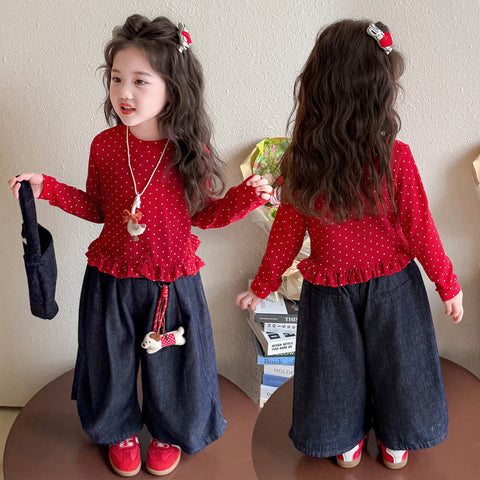 [363938] - One Set 2in1 Baju Setelan Atasan Kaos Lengan Panjang Polka Red Bawahan Celana Panjang Kulot Fashion Korean Style Anak Cewek Perempuan - Motif Basic Color Red Top - BABYHOKI STORE - BABYHOKI STORE