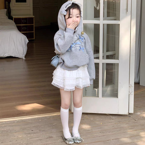 [363939] - One Set 2in1 Baju Setelan Atasan Sweater Hoodie Lengan Panjang Bawahan Rok Celana Pendek White Fashion Korean Style Anak Cewek Perempuan - Motif Cute Blue Bow - BABYHOKI STORE - BABYHOKI STORE