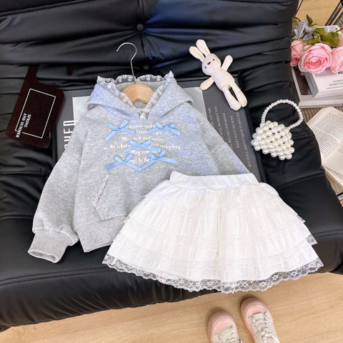 [363939] - One Set 2in1 Baju Setelan Atasan Sweater Hoodie Lengan Panjang Bawahan Rok Celana Pendek White Fashion Korean Style Anak Cewek Perempuan - Motif Cute Blue Bow - BABYHOKI STORE - BABYHOKI STORE