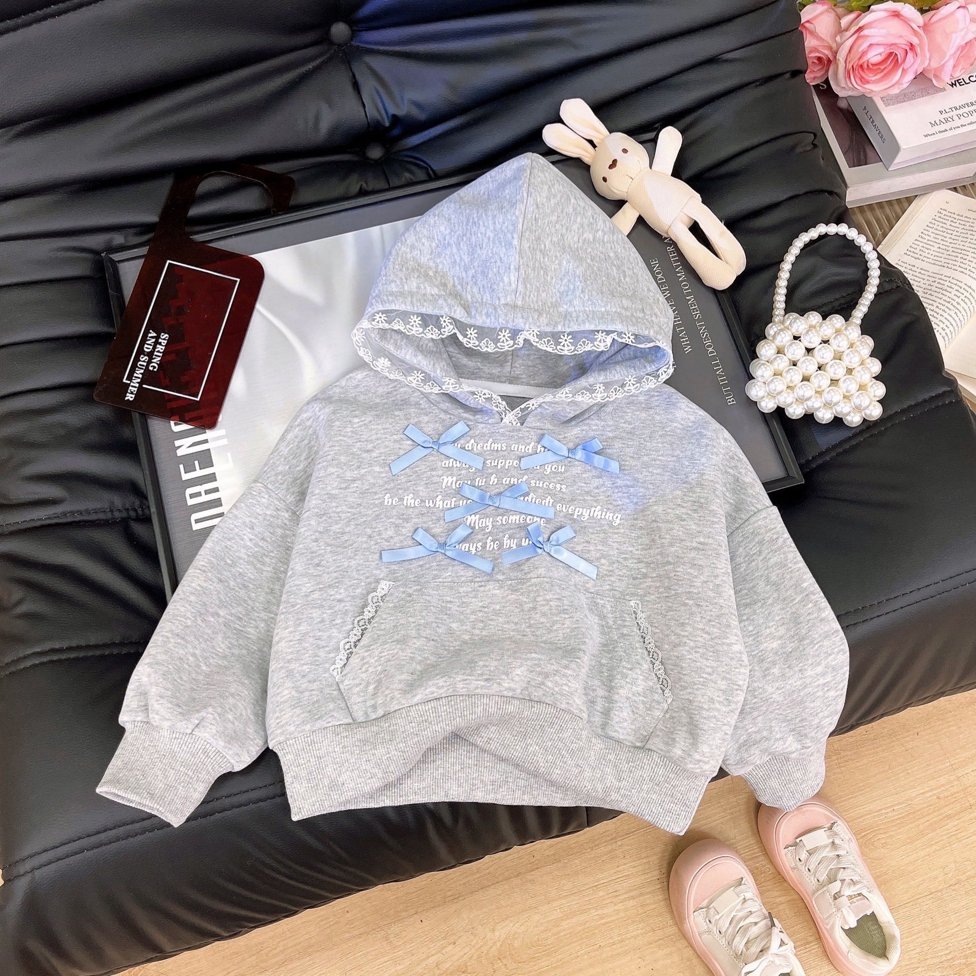 [363939] - One Set 2in1 Baju Setelan Atasan Sweater Hoodie Lengan Panjang Bawahan Rok Celana Pendek White Fashion Korean Style Anak Cewek Perempuan - Motif Cute Blue Bow - BABYHOKI STORE - BABYHOKI STORE