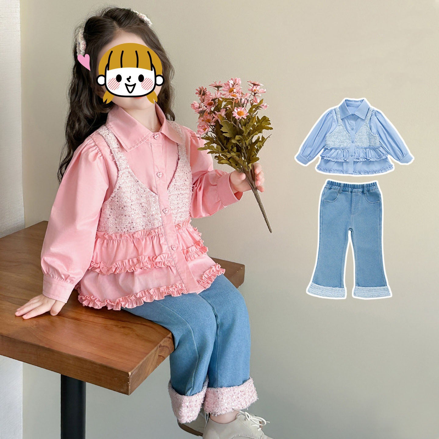 [363940] - One Set 2in1 Baju Setelan Atasan Blouse Ruffle Lengan Panjang Bawahan Celana Panjang Jeans Fashion Korean Style Anak Cewek Perempuan - Motif Top Cute Ruffle - BABYHOKI STORE