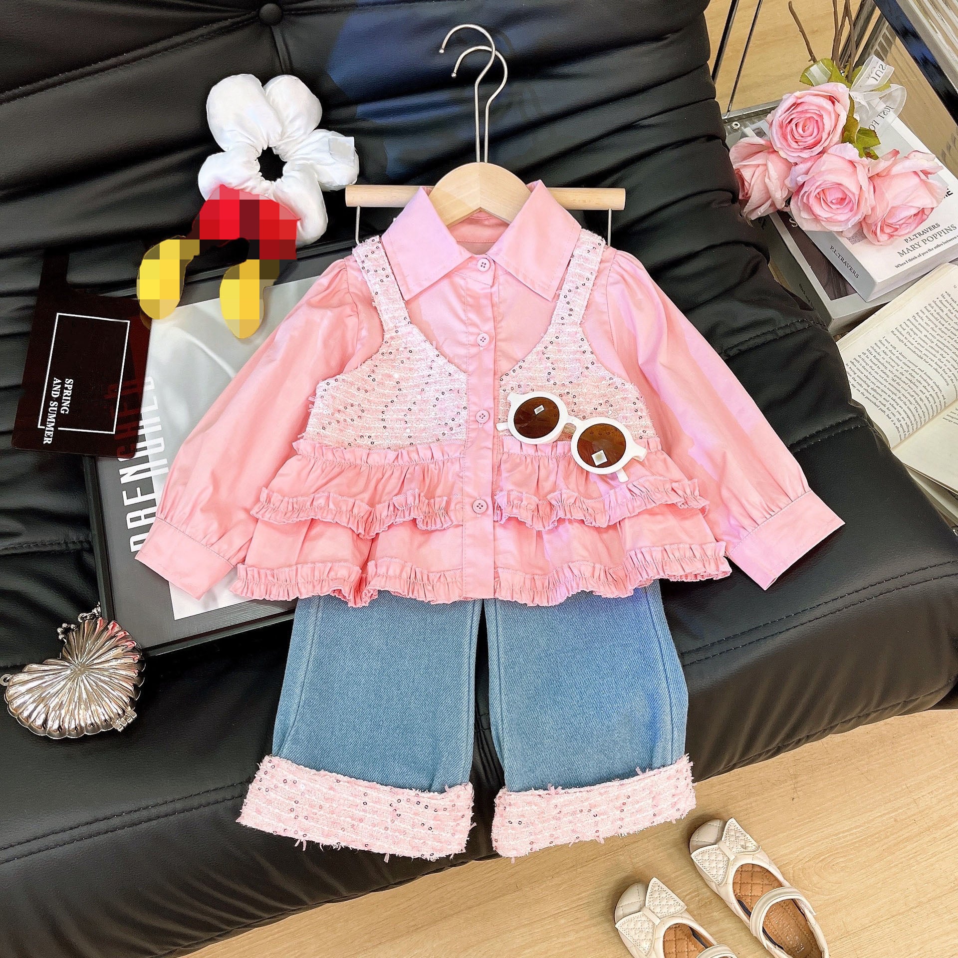 [363940] - One Set 2in1 Baju Setelan Atasan Blouse Ruffle Lengan Panjang Bawahan Celana Panjang Jeans Fashion Korean Style Anak Cewek Perempuan - Motif Top Cute Ruffle - BABYHOKI STORE - BABYHOKI STORE