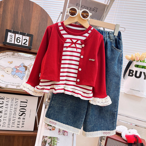 [363941] - One Set 2in1 Baju Setelan Atasan Cardi Lengan Panjang Bawahan Celana Panjang Jeans Kulot Fashion Korean Style Anak Cewek Perempuan - Motif Top Cute Bow - BABYHOKI STORE