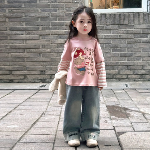 [363942] - One Set 2in1 Baju Setelan Atasan Kaos Lengan Panjang Bawahan Celana Panjang Jeans Kulot Fashion Korean Style Anak Cewek Perempuan - Motif Happy Bear - BABYHOKI STORE