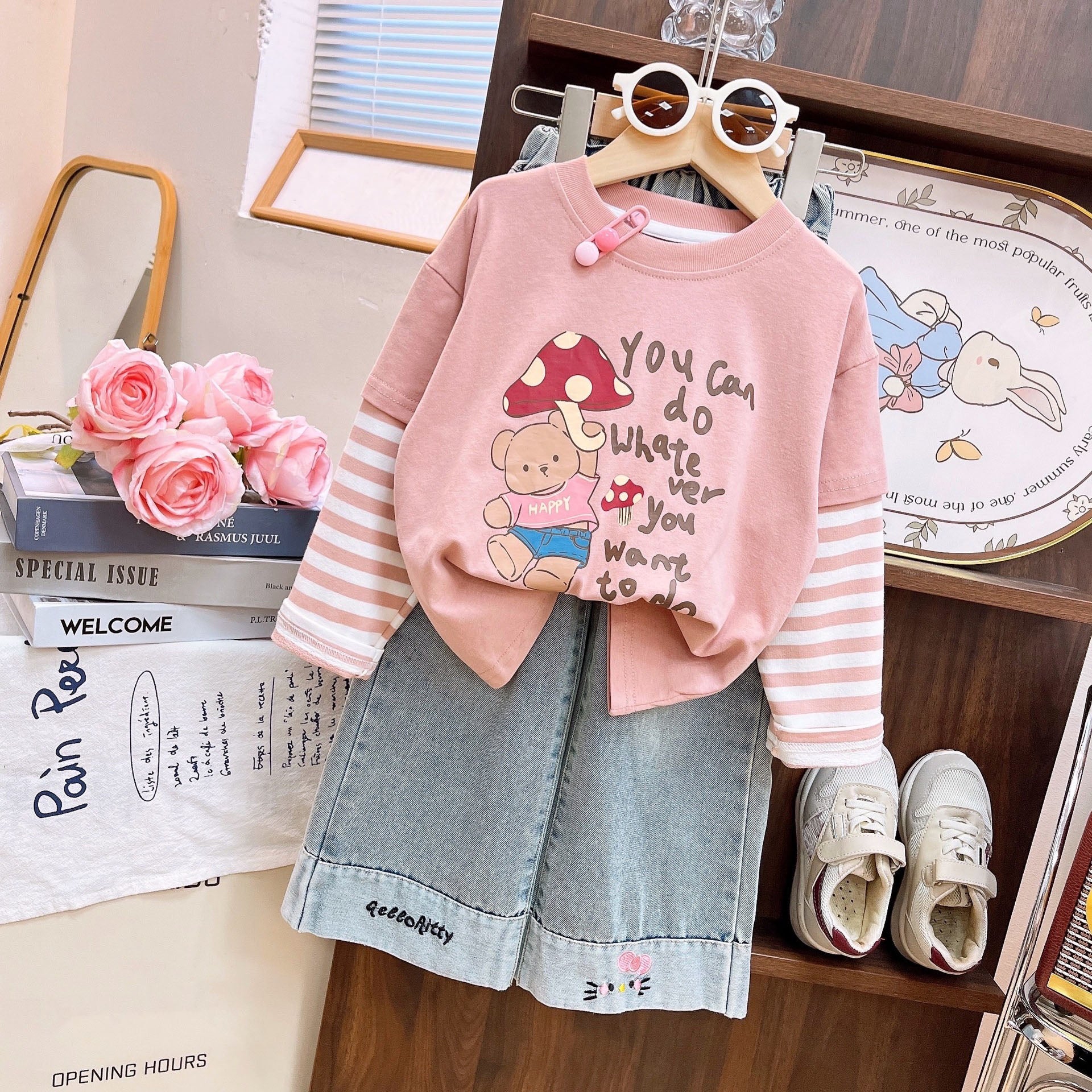 [363942] - One Set 2in1 Baju Setelan Atasan Kaos Lengan Panjang Bawahan Celana Panjang Jeans Kulot Fashion Korean Style Anak Cewek Perempuan - Motif Happy Bear - BABYHOKI STORE