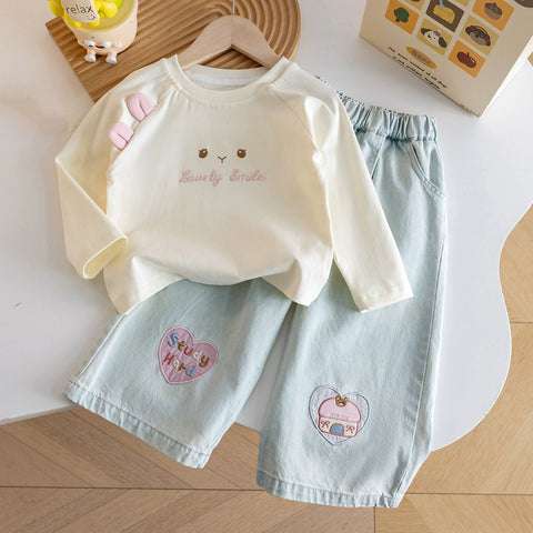 [363943] - One Set 2in1 Baju Setelan Atasan Kaos Lengan Panjang Bawahan Celana Panjang Jeans Kulot Fashion Korean Style Anak Cewek Perempuan - Motif Lovely Smile - BABYHOKI STORE