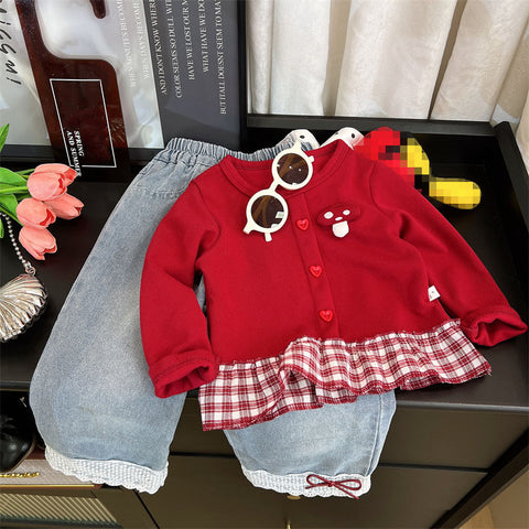 [363945] - One Set 2in1 Baju Setelan Atasan Jaket Cardigan Lengan Panjang Bawahan Celana Panjang Jeans Kulot Fashion Korean Style Trendy Anak Cewek Perempuan - Motif Little Mushroom - BABYHOKI STORE