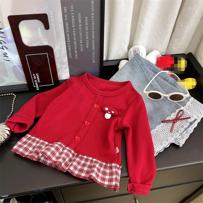 [363945] - One Set 2in1 Baju Setelan Atasan Jaket Cardigan Lengan Panjang Bawahan Celana Panjang Jeans Kulot Fashion Korean Style Trendy Anak Cewek Perempuan - Motif Little Mushroom - BABYHOKI STORE