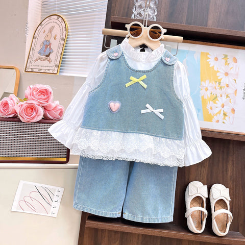 [363947] - One Set 3in1 Baju Setelan Atasan Blouse Lengan Panjang Vest Jeans Kutung Bawahan Celana Panjang Jeans Kulot Fashion Korean Style Trendy Anak Cewek Perempuan - Motif Cute Love Bow - BABYHOKI STORE
