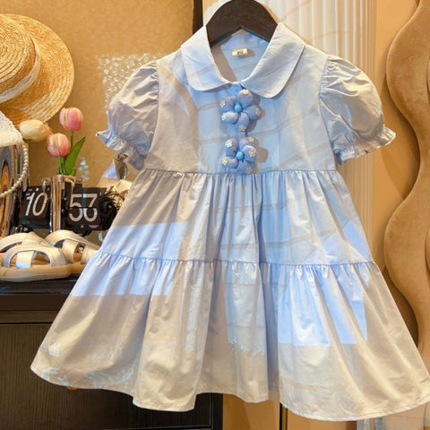 [363948] - Baju Dress Gaun Blue Lengan Panjang Fashion Anak Perempuan Cewek - Motif Cute 3D Flower - BABYHOKI STORE - BABYHOKI STORE