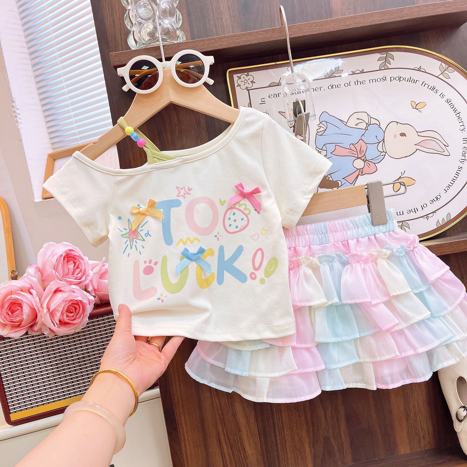 [363950] - One Set 2in1 Baju Setelan Atasan Kaos Lengan Pendek Bawahan Celana Rok Pendek Tutu Fashion Korean Style Trendy Anak Cewek Perempuan - Motif Small Ribbon & Star - BABYHOKI STORE