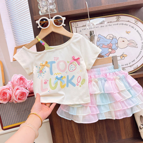 [363950] - One Set 2in1 Baju Setelan Atasan Kaos Lengan Pendek Bawahan Celana Rok Pendek Tutu Fashion Korean Style Trendy Anak Cewek Perempuan - Motif Small Ribbon & Star - BABYHOKI STORE