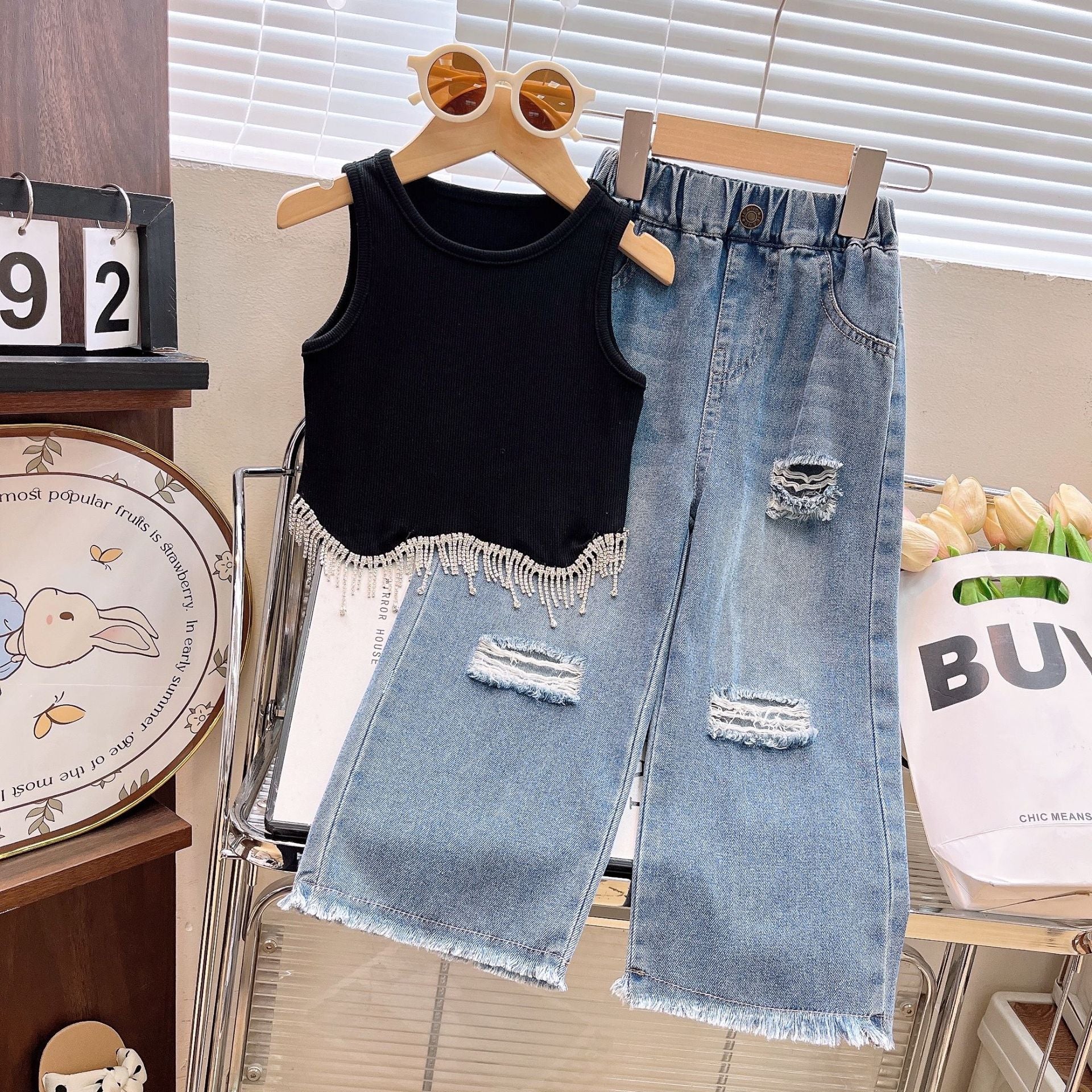 [363956] - One Set 2in1 Baju Setelan Atasan Lengan Kutung Bawahan Celana Panjang Jeans Kulot Korean Version Style Anak Cewek Perempuan - Motif Top Solid Color - BABYHOKI STORE