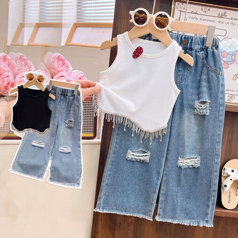 [363956] - One Set 2in1 Baju Setelan Atasan Lengan Kutung Bawahan Celana Panjang Jeans Kulot Korean Version Style Anak Cewek Perempuan - Motif Top Solid Color - BABYHOKI STORE