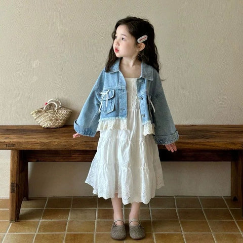 [363959] - One Set 2in1 Baju Setelan Dress Gaun Lengan Kutung Atasan Jaket Denim Lengan Panjang Korean Version Style Anak Cewek Perempuan - Motif Cute Ribbon Lace - BABYHOKI STORE