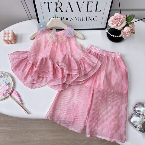 [363967] - One Set 2in1 Baju Setelan Atasan Lengan Kutung Ruffled Bawahan Panjang Kulot Korean Style Fashion Style Anak Cewek Perempuan - Motif Floral - BABYHOKI STORE