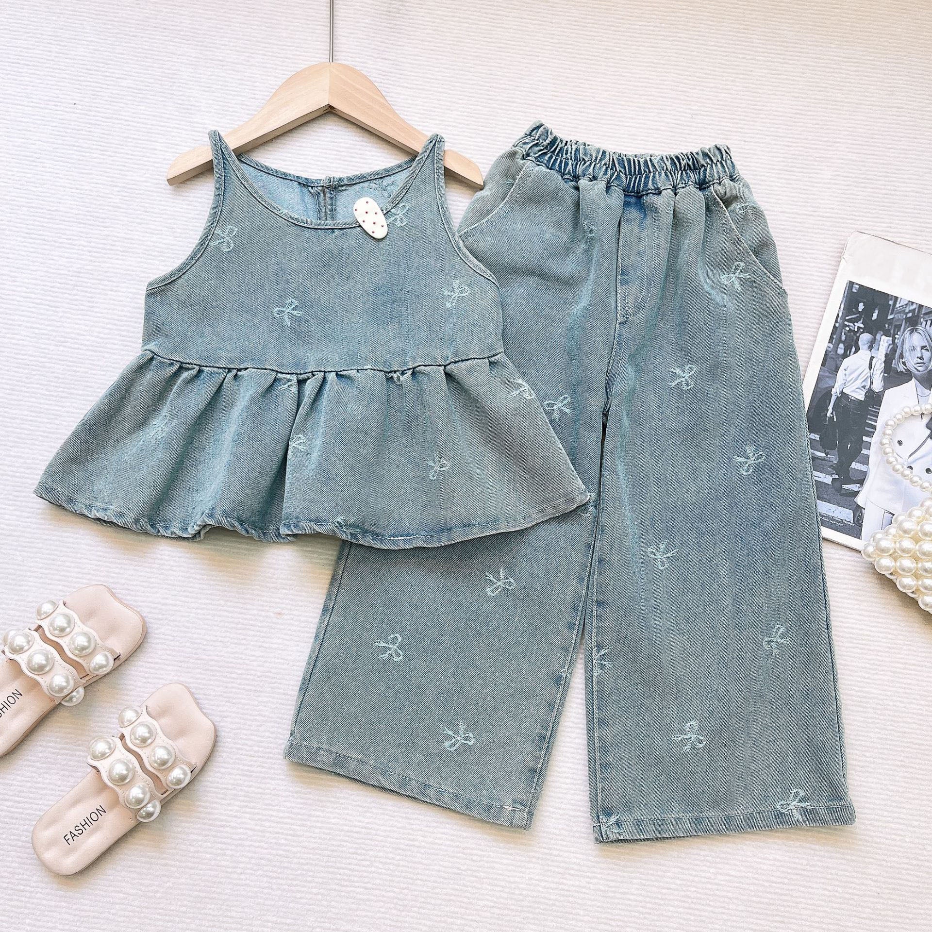 [363968] - One Set 2in1 Baju Setelan Atasan Lengan Kutung Ruffled Bawahan Panjang Kulot Korean Style Fashion Style Anak Cewek Perempuan - Motif Small Ribbon - BABYHOKI STORE