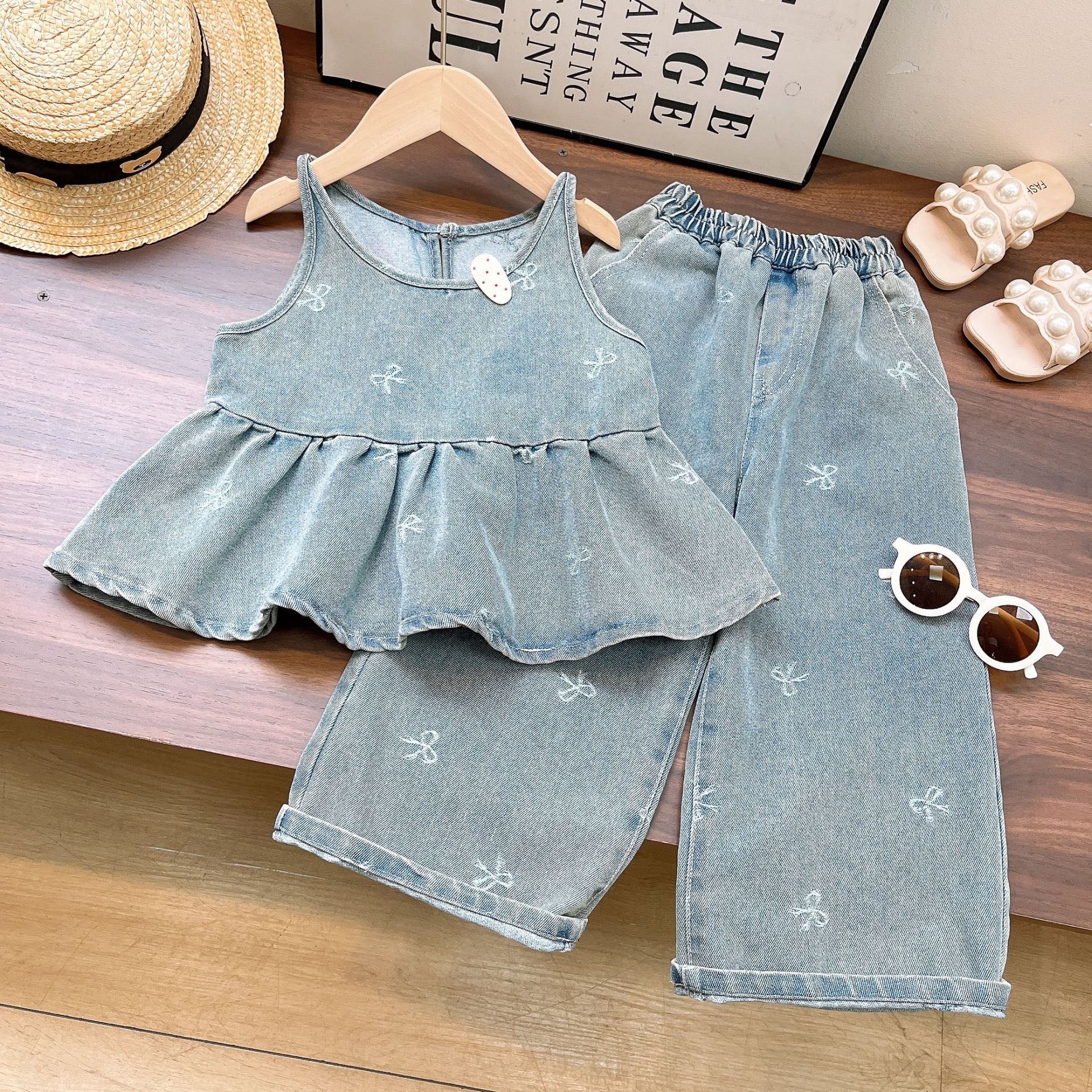 [363968] - One Set 2in1 Baju Setelan Atasan Lengan Kutung Ruffled Bawahan Panjang Kulot Korean Style Fashion Style Anak Cewek Perempuan - Motif Small Ribbon - BABYHOKI STORE