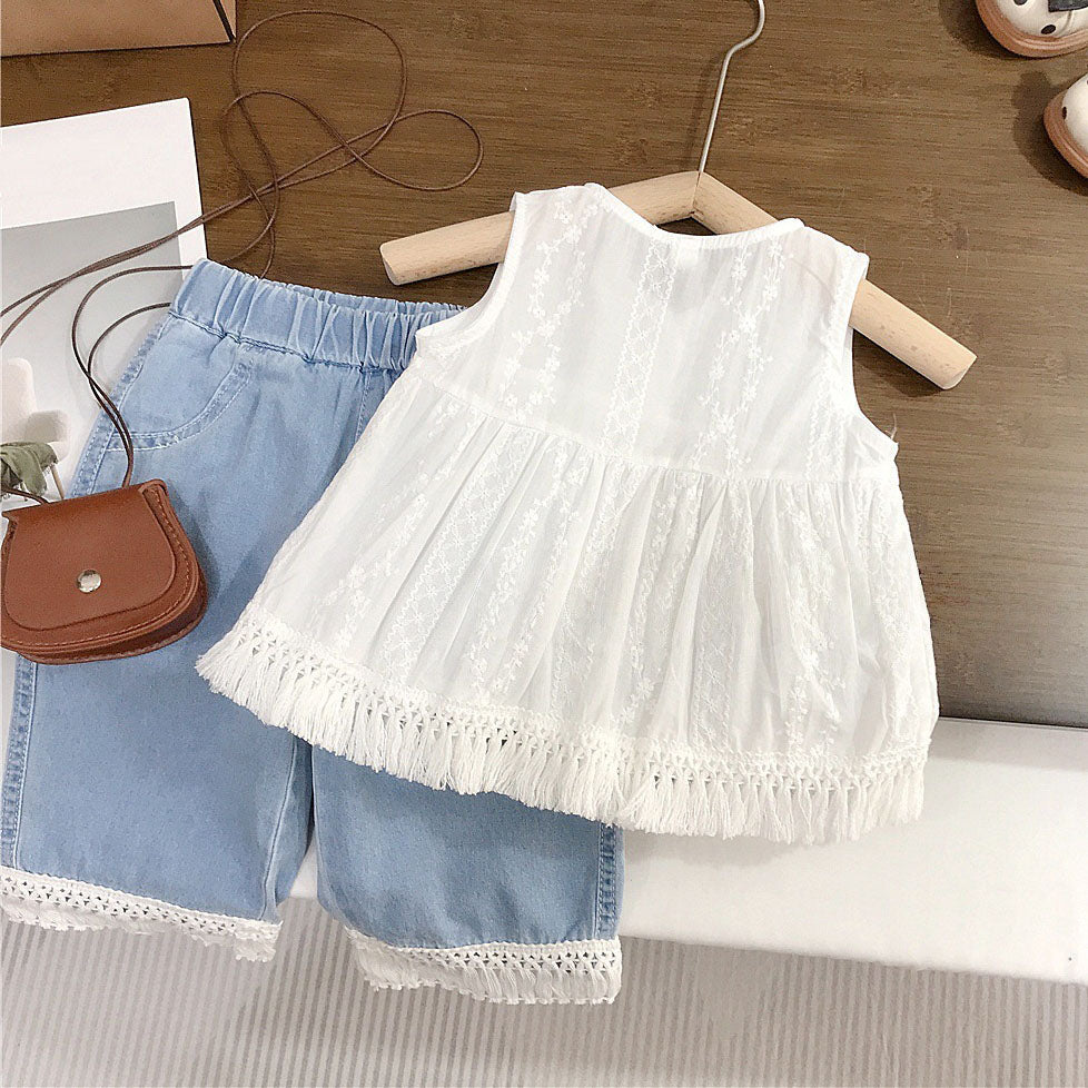 [363972] - One Set 2in1 Baju Setelan Atasan Lengan Kutung Bawahan Celana Panjang Kulot Korean Outfit Fashion Style Anak Cewek Perempuan - Motif Lace Rumbai - BABYHOKI STORE
