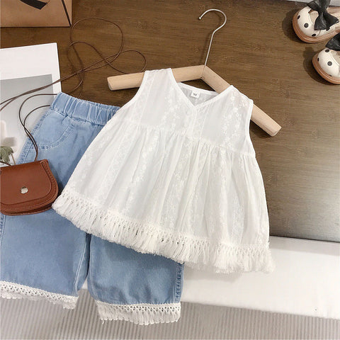 [363972] - One Set 2in1 Baju Setelan Atasan Lengan Kutung Bawahan Celana Panjang Kulot Korean Outfit Fashion Style Anak Cewek Perempuan - Motif Lace Rumbai - BABYHOKI STORE