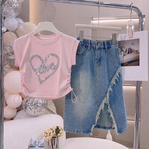 [363974] - One Set 2in1 Baju Setelan Atasan Kaos Lengan Pendek Bawahan Rok Pendek Korean Summer Fashion Style Anak Cewek Perempuan - Motif Love - BABYHOKI STORE