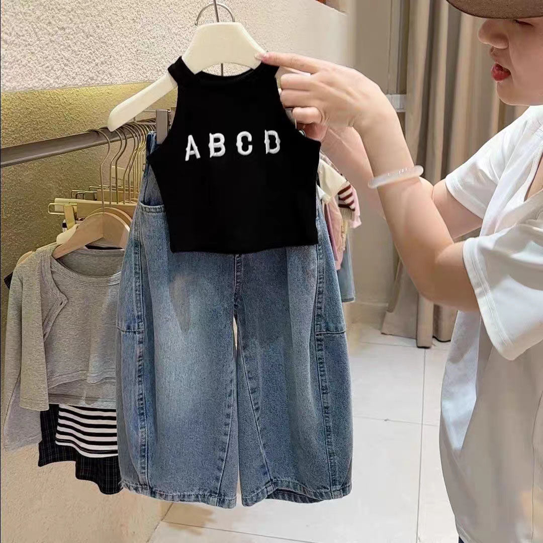 [363975] - One Set 2in1 Baju Setelan Atasan Lengan Kutung Bawahan Panjang Kulot Korean Style Fashion Style Anak Cewek Perempuan - Motif Alphabet - BABYHOKI STORE