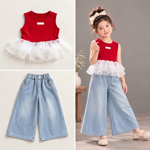 [2pcs SET] Setelan Atasan Ruffled Lengan Kutung Bawahan Panjang Kulot Korean Style Fashion Style Anak Cewek Perempuan -  One Set 2in1 Baju Motif Brukat Ruffled - BABYHOKI STORE [363976]