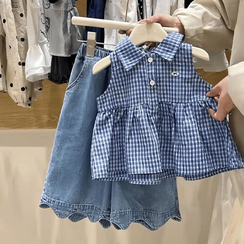 [363977] - One Set 2in1 Baju Setelan Atasan Blouse Lengan Kutung Bawahan Panjang Kulot Korean Style Fashion Style Anak Cewek Perempuan - Motif Plaid Small Ribbon - BABYHOKI STORE