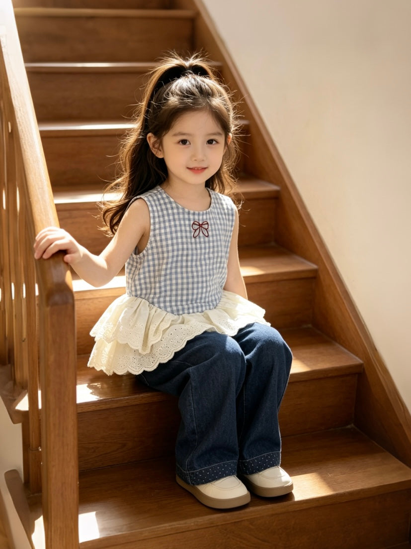 [363979] - One Set 2in1 Baju Setelan Atasan Blouse Lengan Kutung Bawahan Panjang Kulot Korean Style Fashion Style Anak Cewek Perempuan - Motif Plaid Lace - BABYHOKI STORE