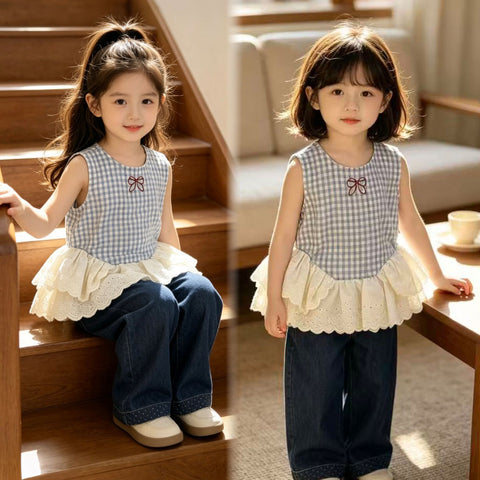 [363979] - One Set 2in1 Baju Setelan Atasan Blouse Lengan Kutung Bawahan Panjang Kulot Korean Style Fashion Style Anak Cewek Perempuan - Motif Plaid Lace - BABYHOKI STORE