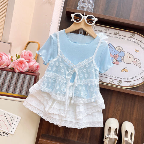 [363980] - One Set 2in1 Baju Setelan Atasan Kaos Lengan Pendek Bawahan Celana Rok Pendek Korean Fashion Style Anak Cewek Perempuan - Motif Cute Lace - BABYHOKI STORE