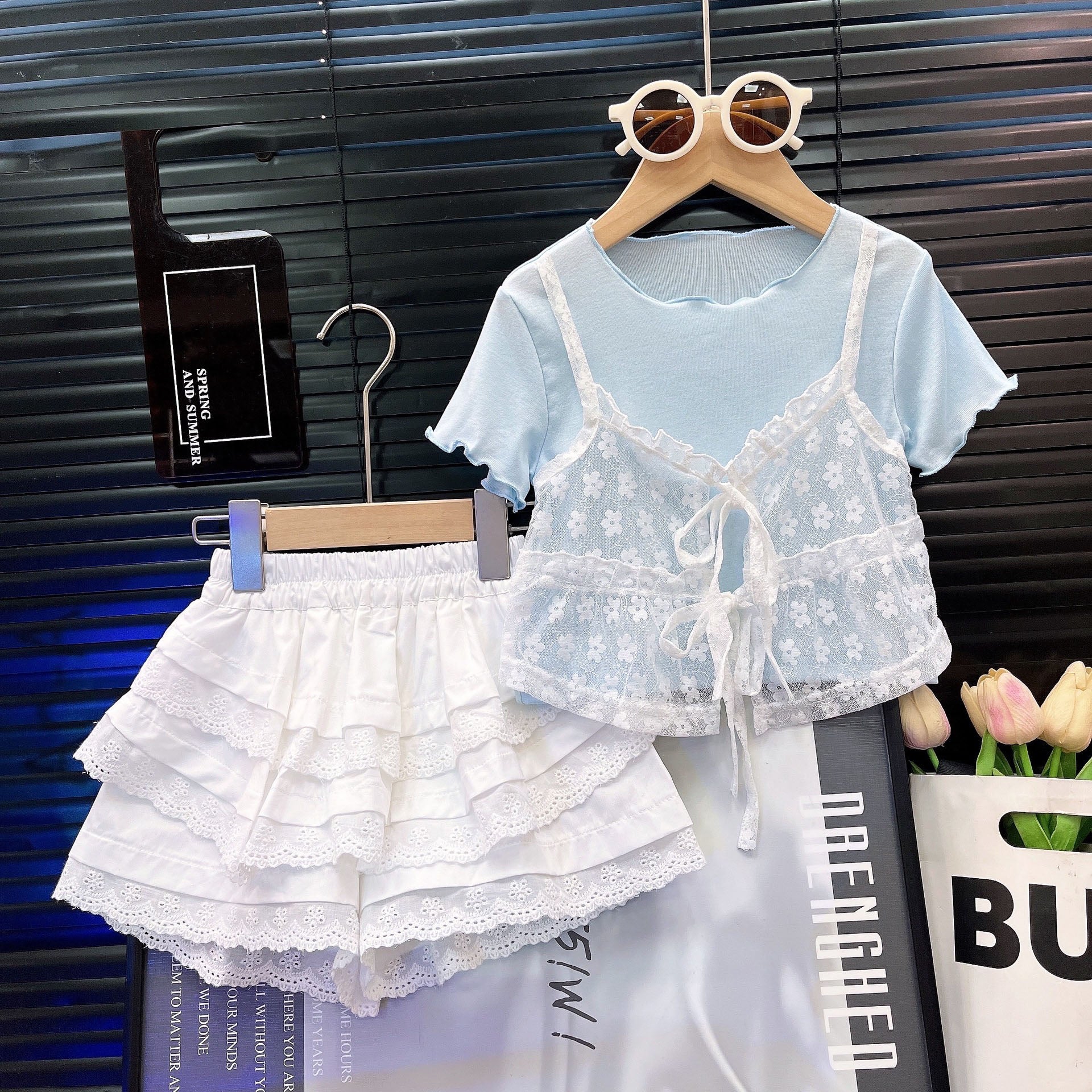 [363980] - One Set 2in1 Baju Setelan Atasan Kaos Lengan Pendek Bawahan Celana Rok Pendek Korean Fashion Style Anak Cewek Perempuan - Motif Cute Lace - BABYHOKI STORE